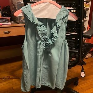 Dusty blue green silk tub with ruffles at the neck by Joie